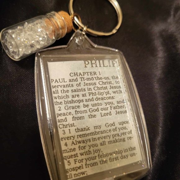 Bible Scripture Keychain with Miniature Vial of Jewels Pendant - Picture 3 of 3